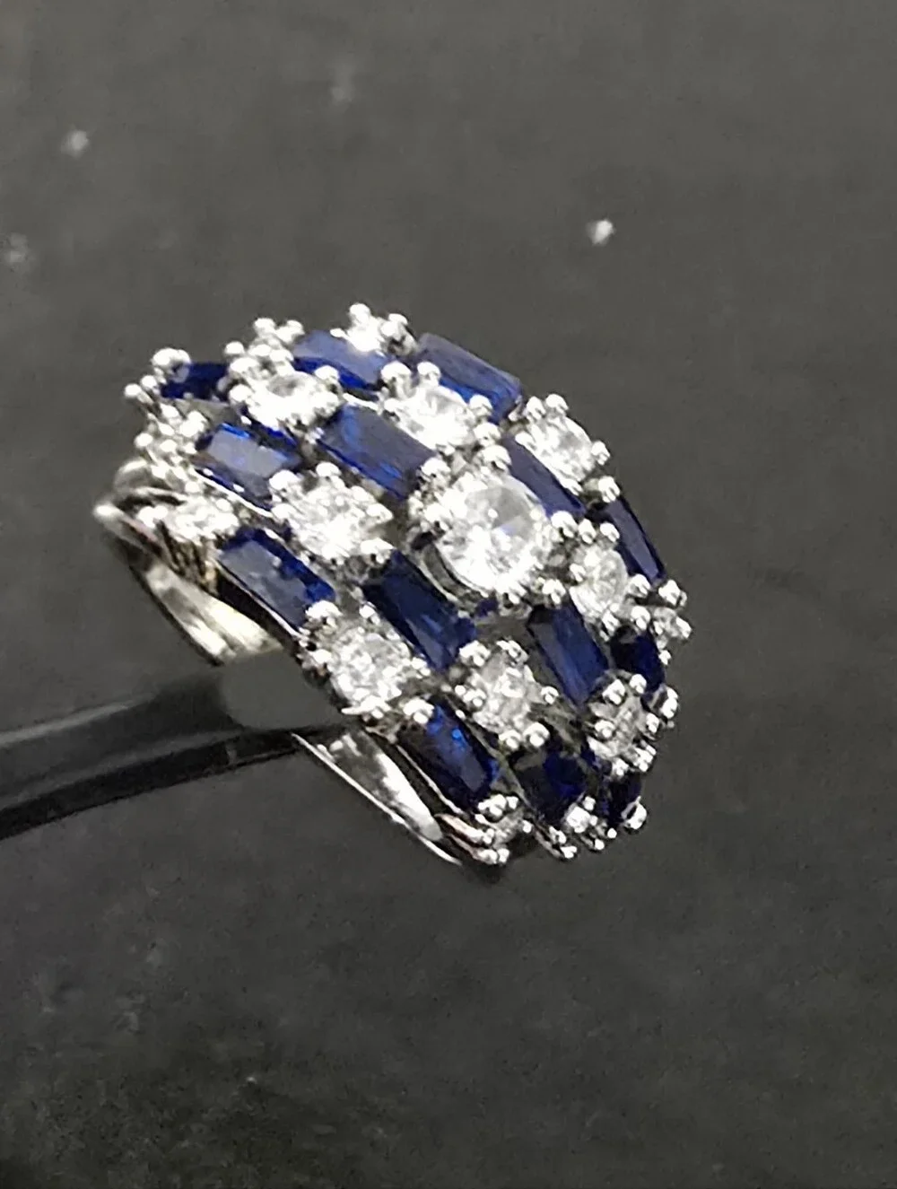 Vintage Deco Size 7 Sapphire Blue Baguette Ring Silver Tone Cocktail Statement